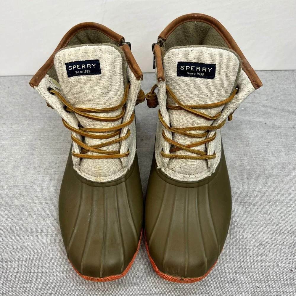 Sperry Saltwater Duck Boots Olive Green Oatmeal Canvas Orange Sole Womens 7.5